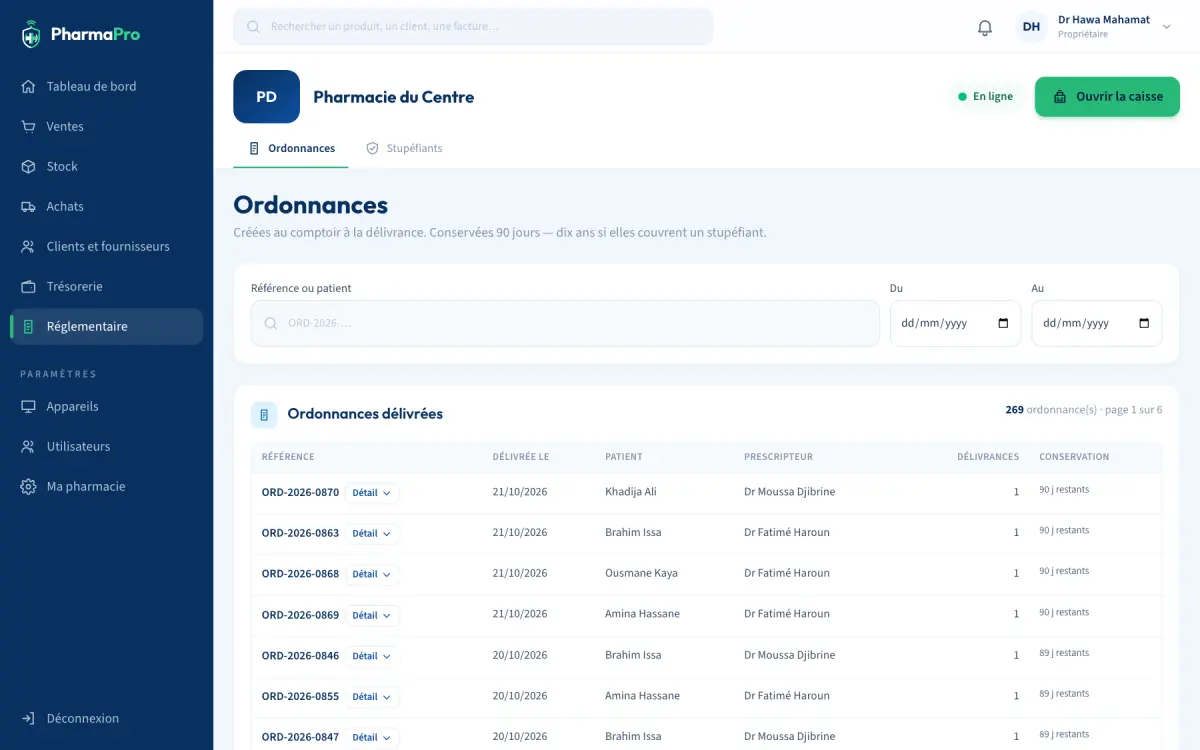 Ordonnances délivrées : référence, date, patient et prescripteur